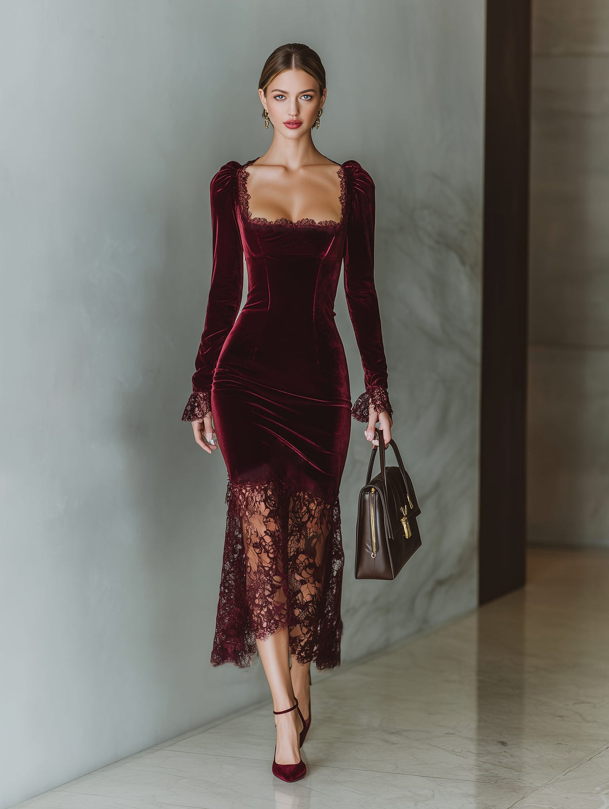 Violetta | Midi Dress with Sweetheart Neckline, Long Sleeves and Lace Trim for Women