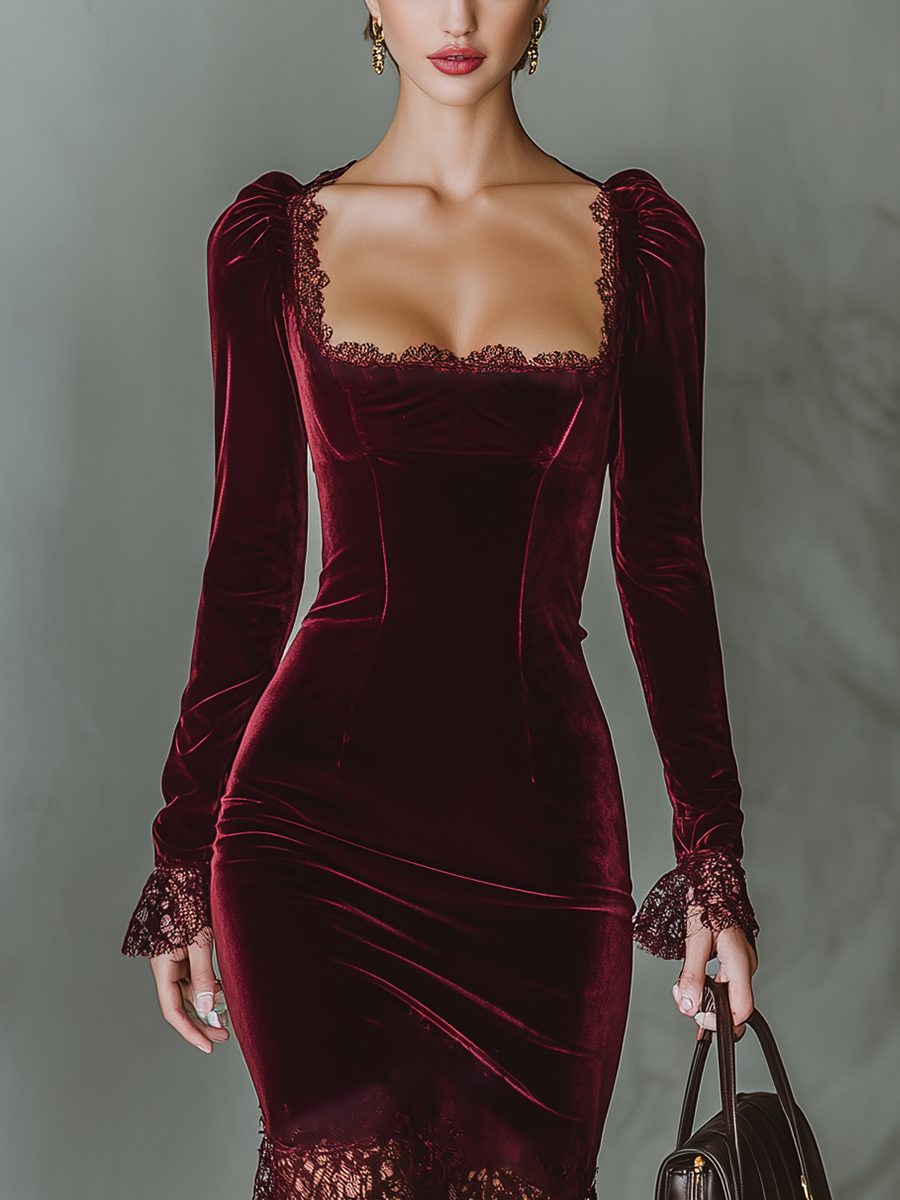 Violetta | Midi Dress with Sweetheart Neckline, Long Sleeves and Lace Trim for Women