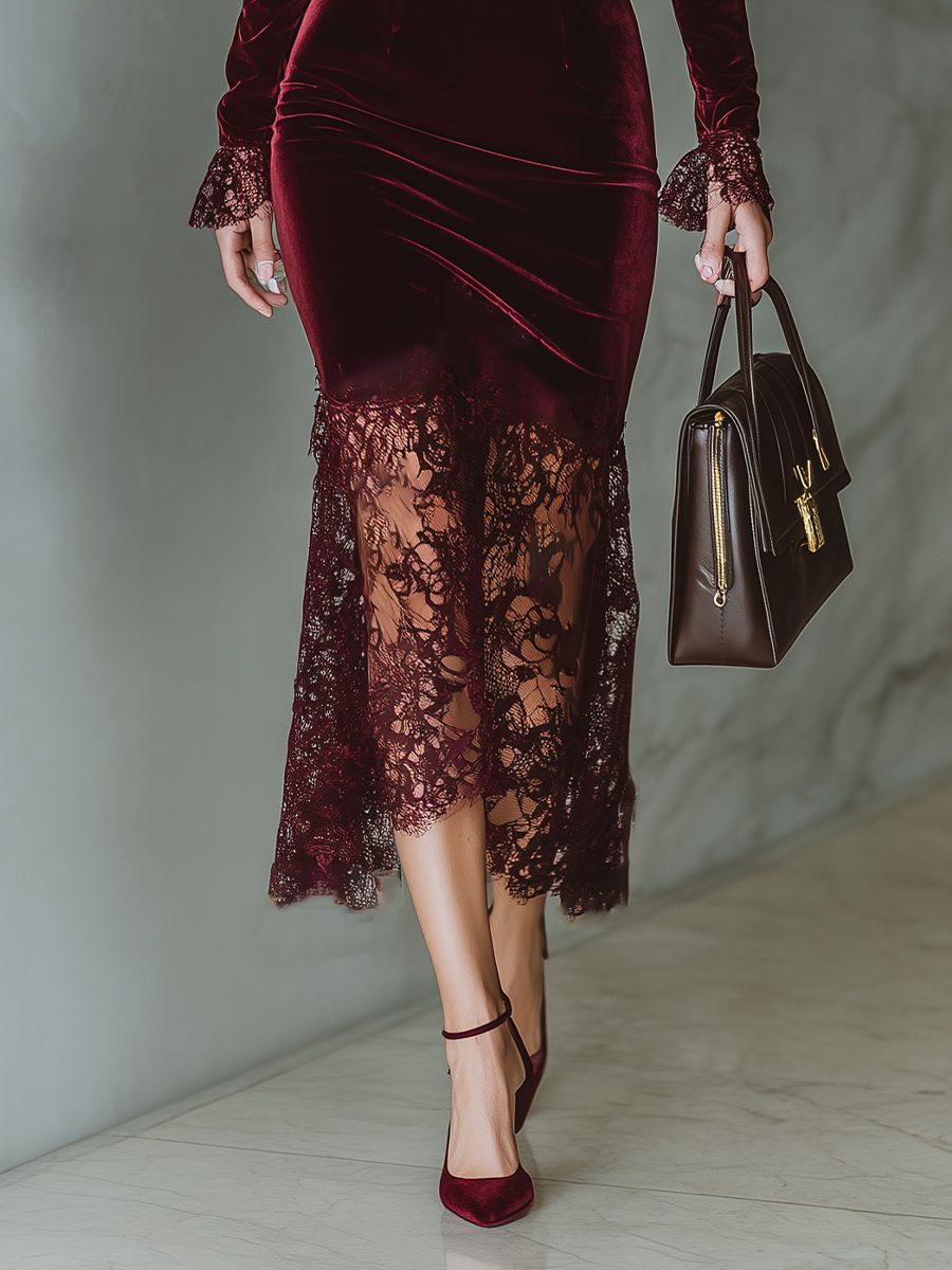 Violetta | Midi Dress with Sweetheart Neckline, Long Sleeves and Lace Trim for Women