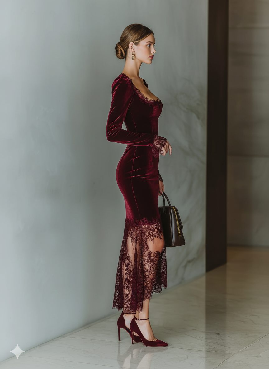 Violetta | Midi Dress with Sweetheart Neckline, Long Sleeves and Lace Trim for Women