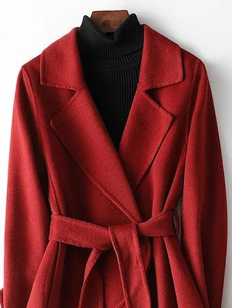 Virginia | Womens Belted Wrap Coat | Long A-Line Silhouette, Notch Lapel, Wrap Style | Burgundy, Sizes Sizes S-2XL