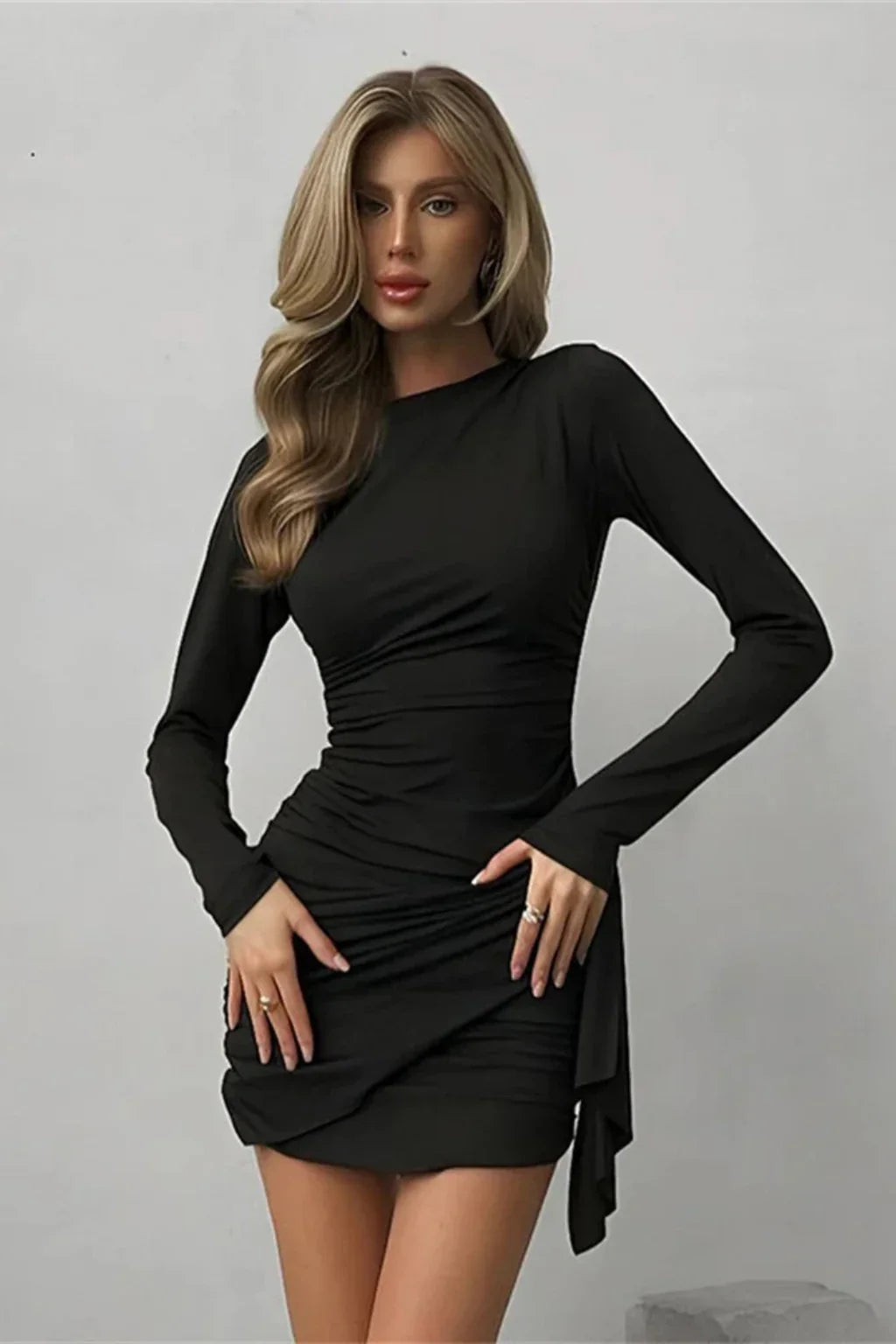 Vivienne | Ruched Wrap Bodycon Mini Dress with Long Sleeves