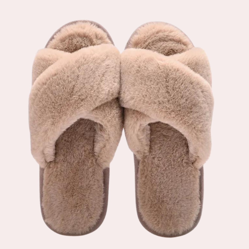Women's Fuzzy Slippers with Crossband Straps | Plush Lined Open Toe Slides on a Grip Sole | Sizes 3 to 8, 3 Colors
