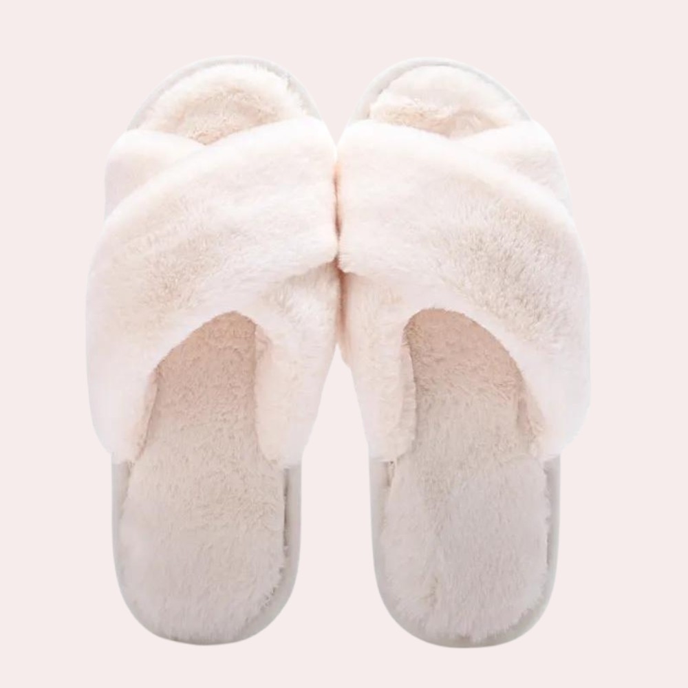Women's Fuzzy Slippers with Crossband Straps | Plush Lined Open Toe Slides on a Grip Sole | Sizes 3 to 8, 3 Colors