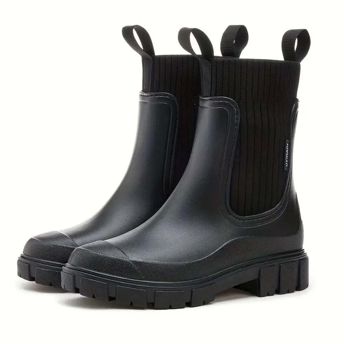 Chelsea Boots - Chunky Lug Sole Knit Shaft Women's Black