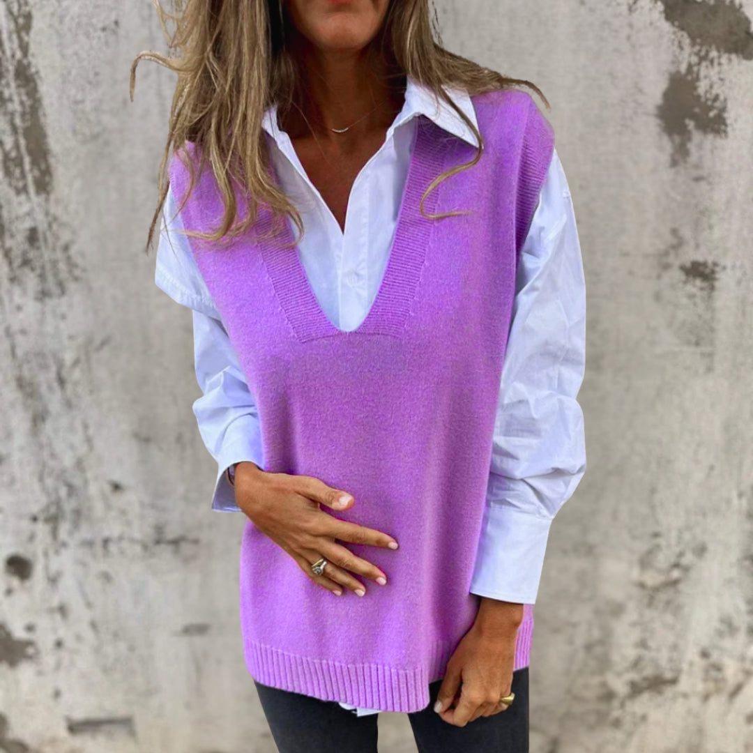 Wendeline | Ribbed Knit Oversized Sweater Vest with V-Neck for Women