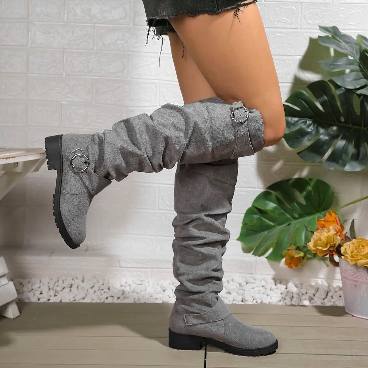 Wesley | Knee High Slouchy Boots with Buckle Details for Women