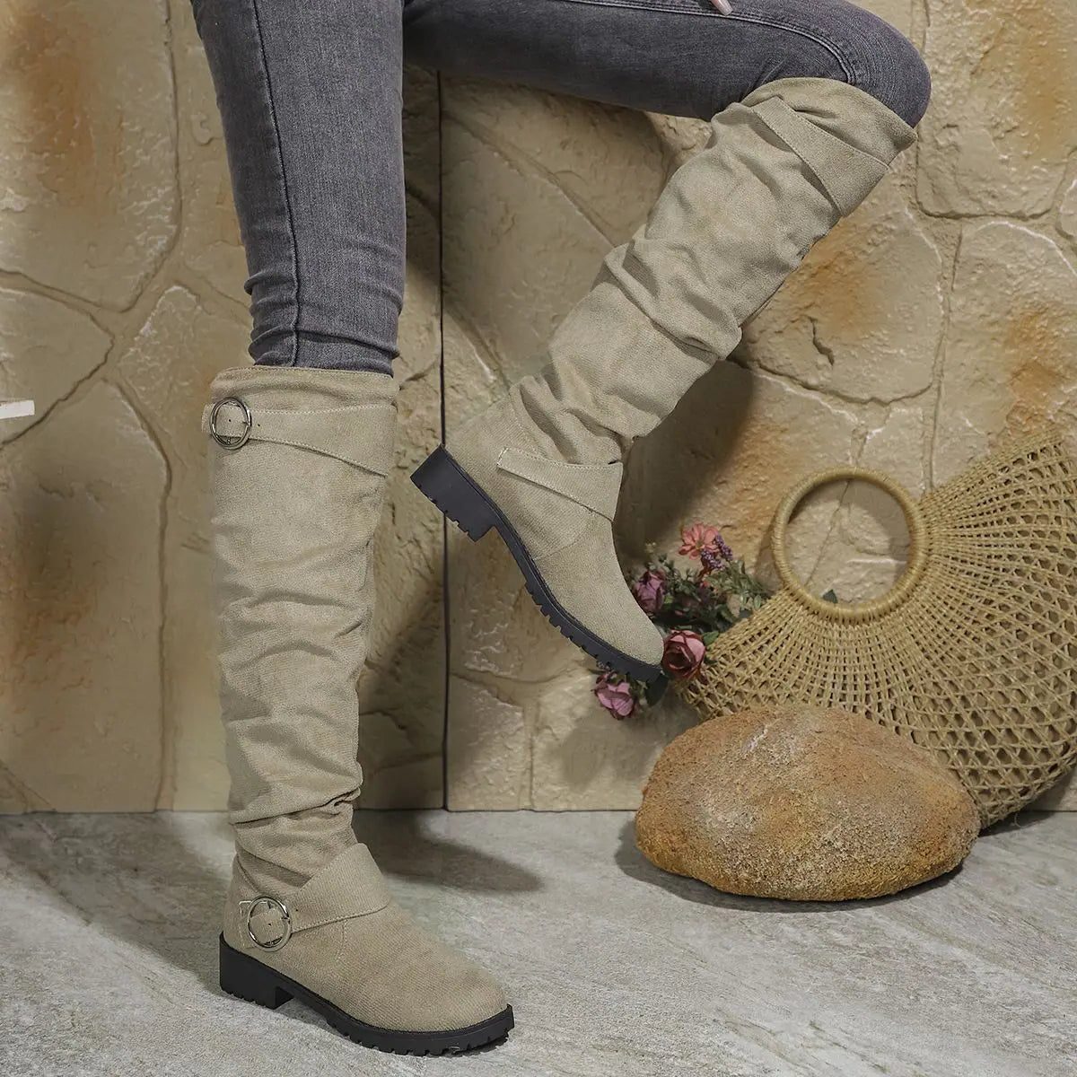 Wesley | Knee High Slouchy Boots with Buckle Details for Women
