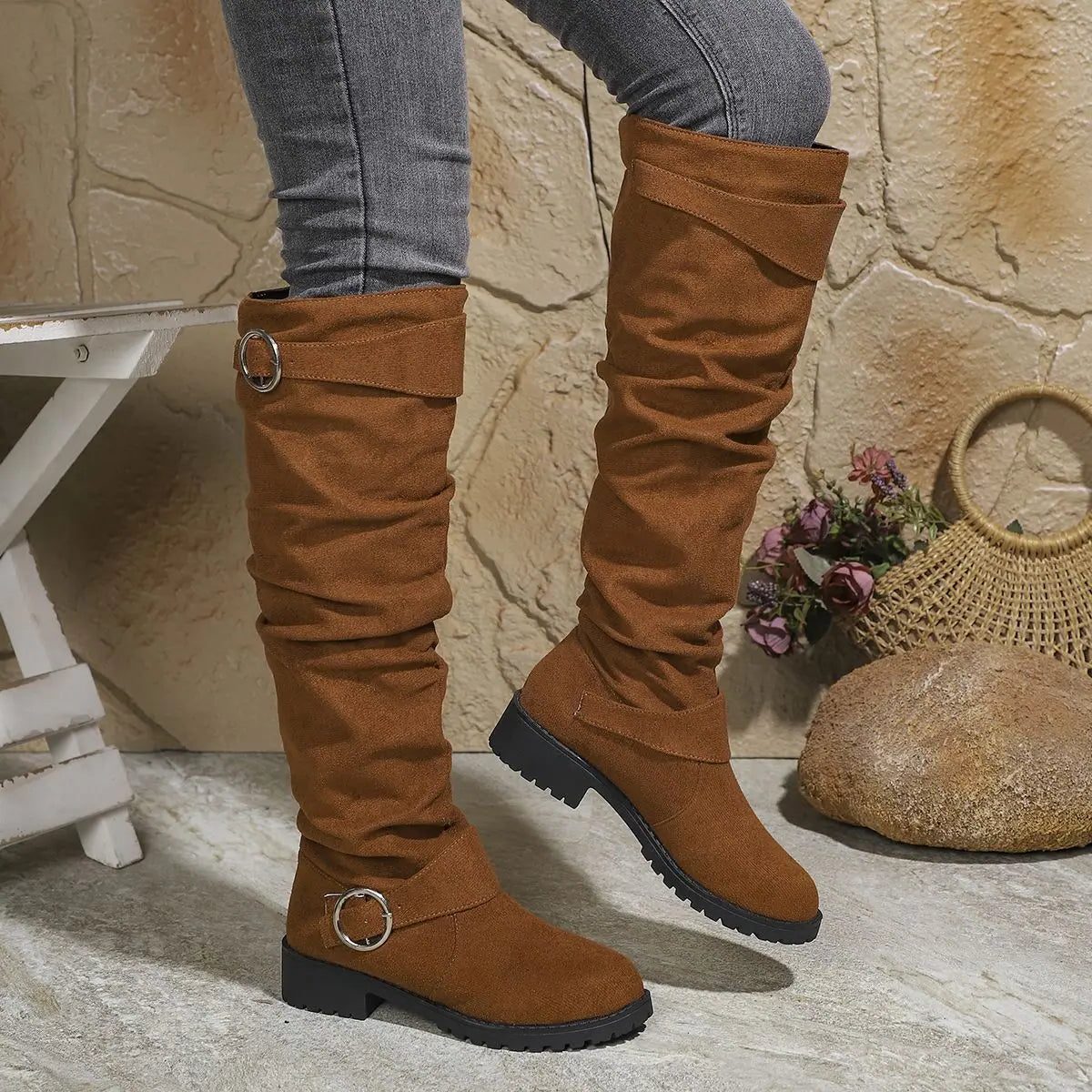 Wesley | Knee High Slouchy Boots with Buckle Details for Women