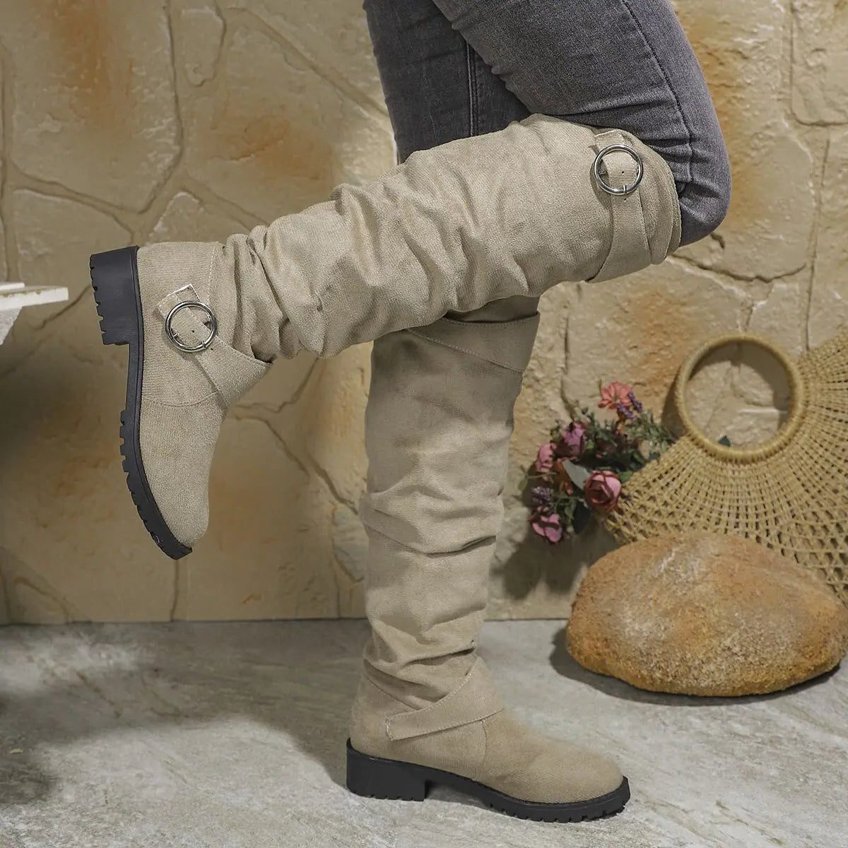 Wesley | Knee High Slouchy Boots with Buckle Details for Women