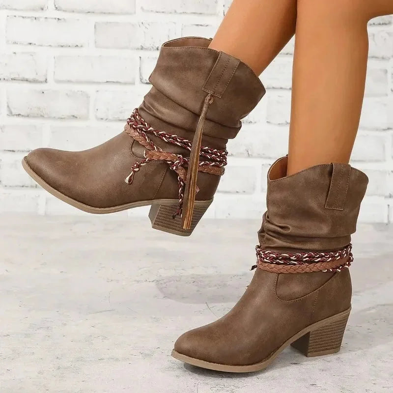 Women's suede ankle boots with braided straps