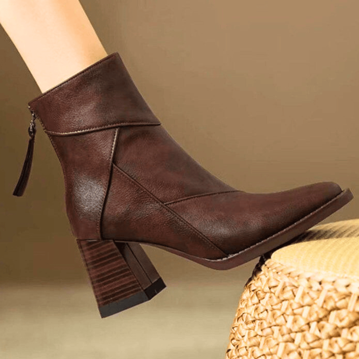 Women's Pointed Toe Heeled Ankle Boots, Panelled Design