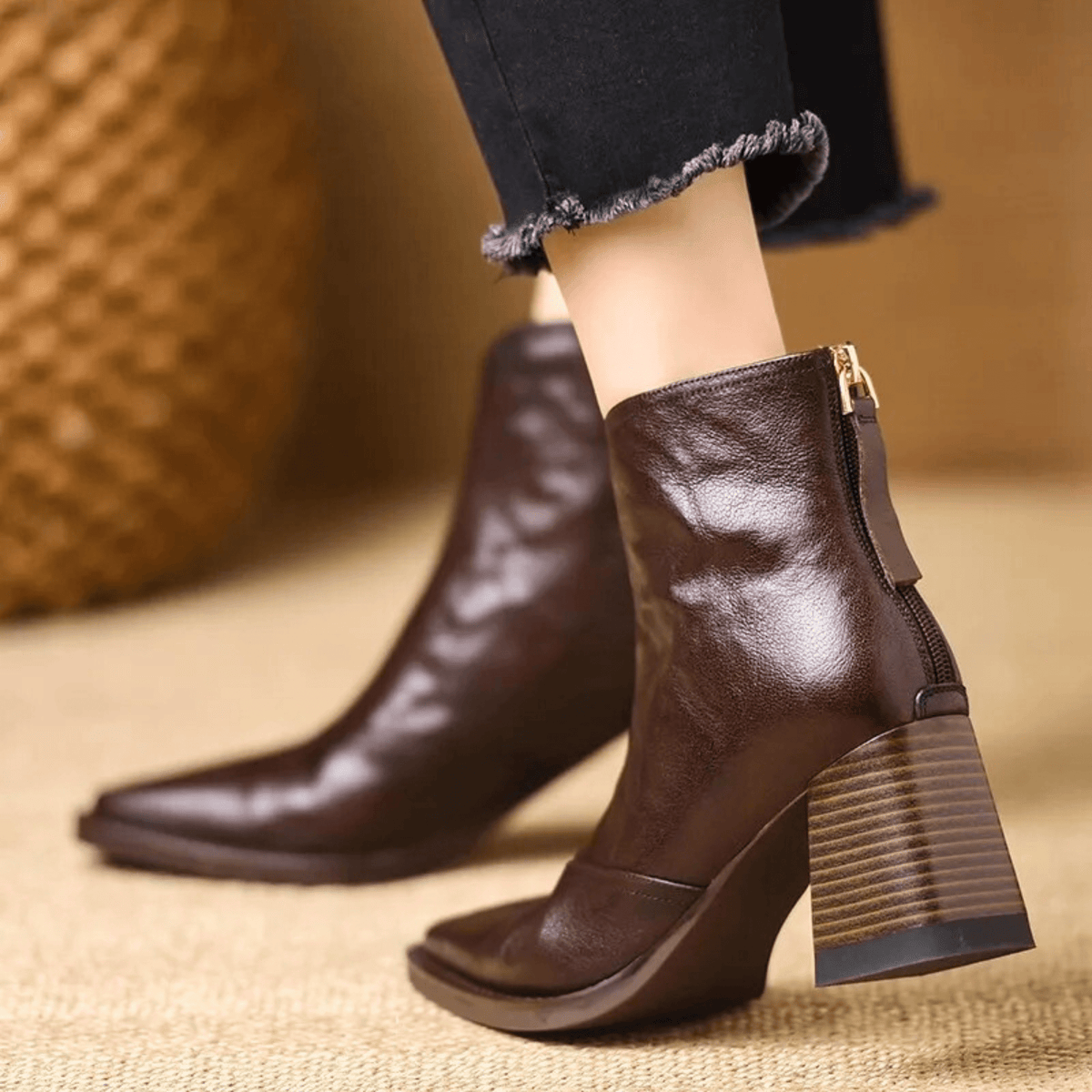 Orsola Square-Toe Leather Ankle Boots