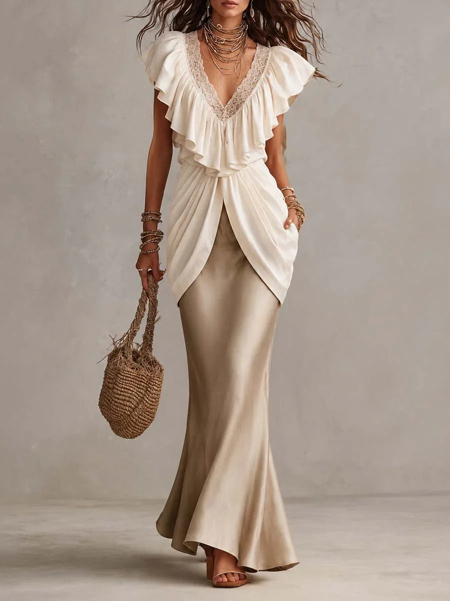 Winifred | V-Neck Beige Lace Ruffle Overlay Wrap Maxi Dress