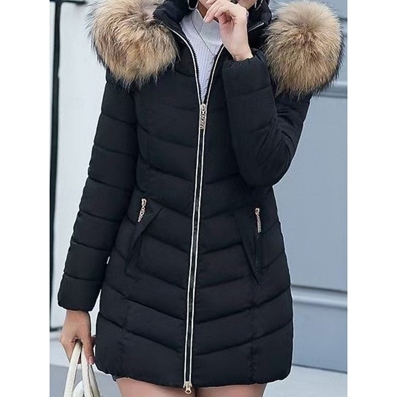 Women's Parka with Quilted Panels and Hood | Zip Closure, Pockets | For Winter | Size M-3XL | Wine Red, Red, Army Green, Black