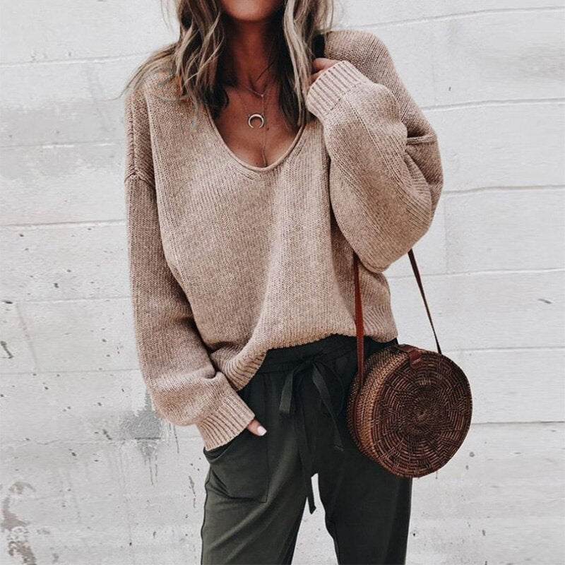 Women's V-Neck Knit Sweater, Long Sleeves, Relaxed Fit