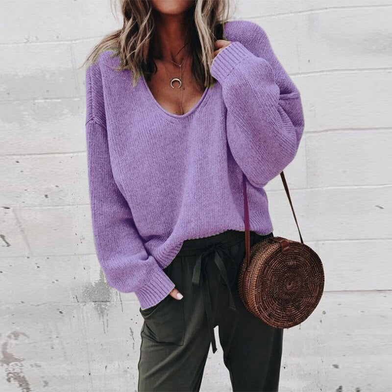 Women's V-Neck Knit Sweater, Long Sleeves, Relaxed Fit