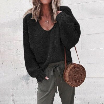 Women's V-Neck Knit Sweater, Long Sleeves, Relaxed Fit