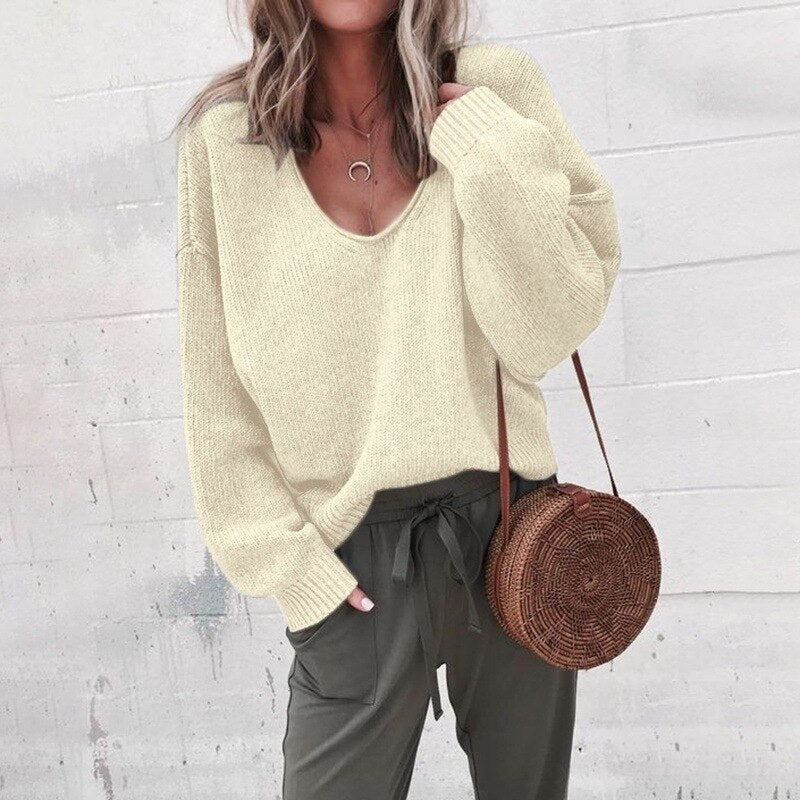 Women's V-Neck Knit Sweater, Long Sleeves, Relaxed Fit