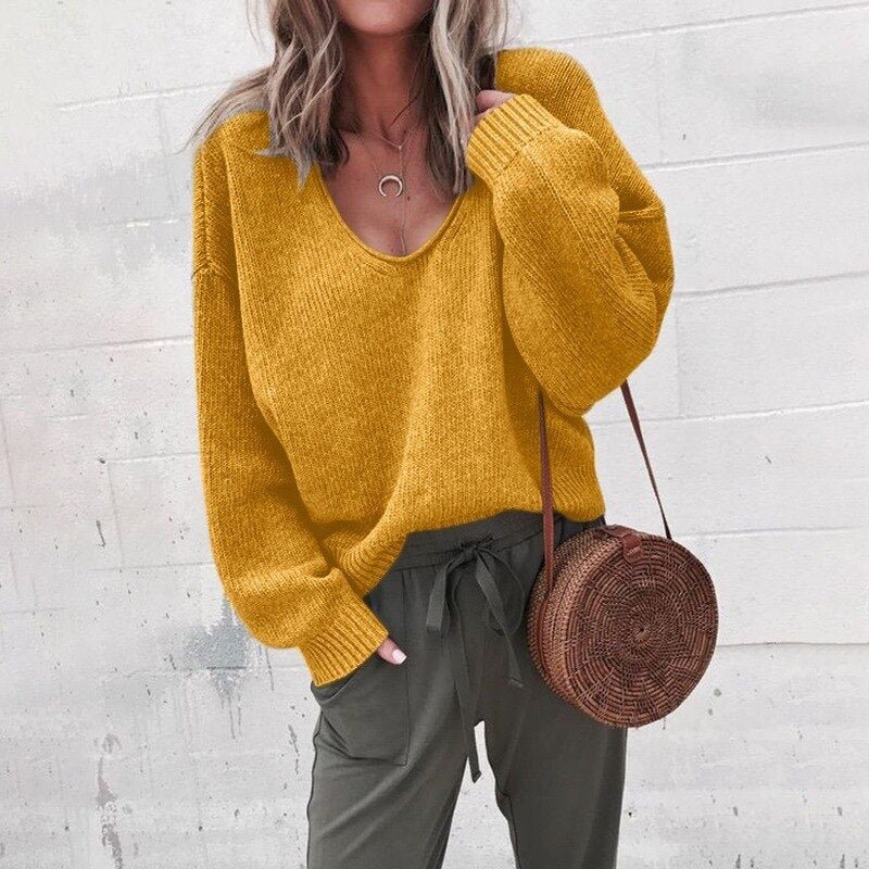 Women's V-Neck Knit Sweater, Long Sleeves, Relaxed Fit