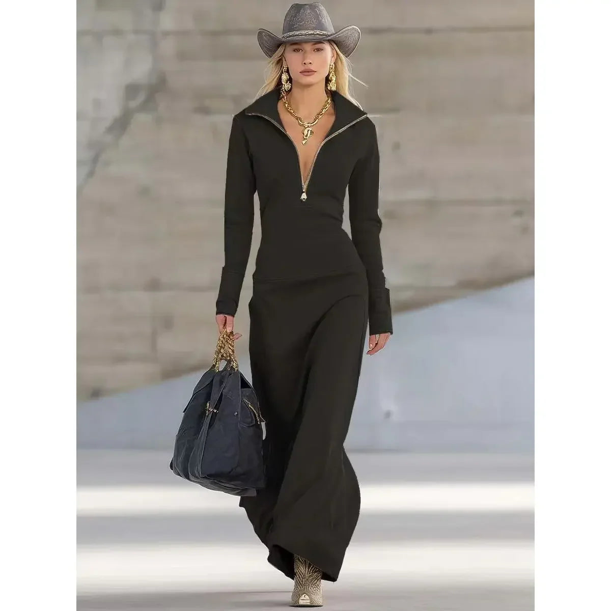 Women's Black Dress | Maxi Zip Turtleneck Long Sleeve