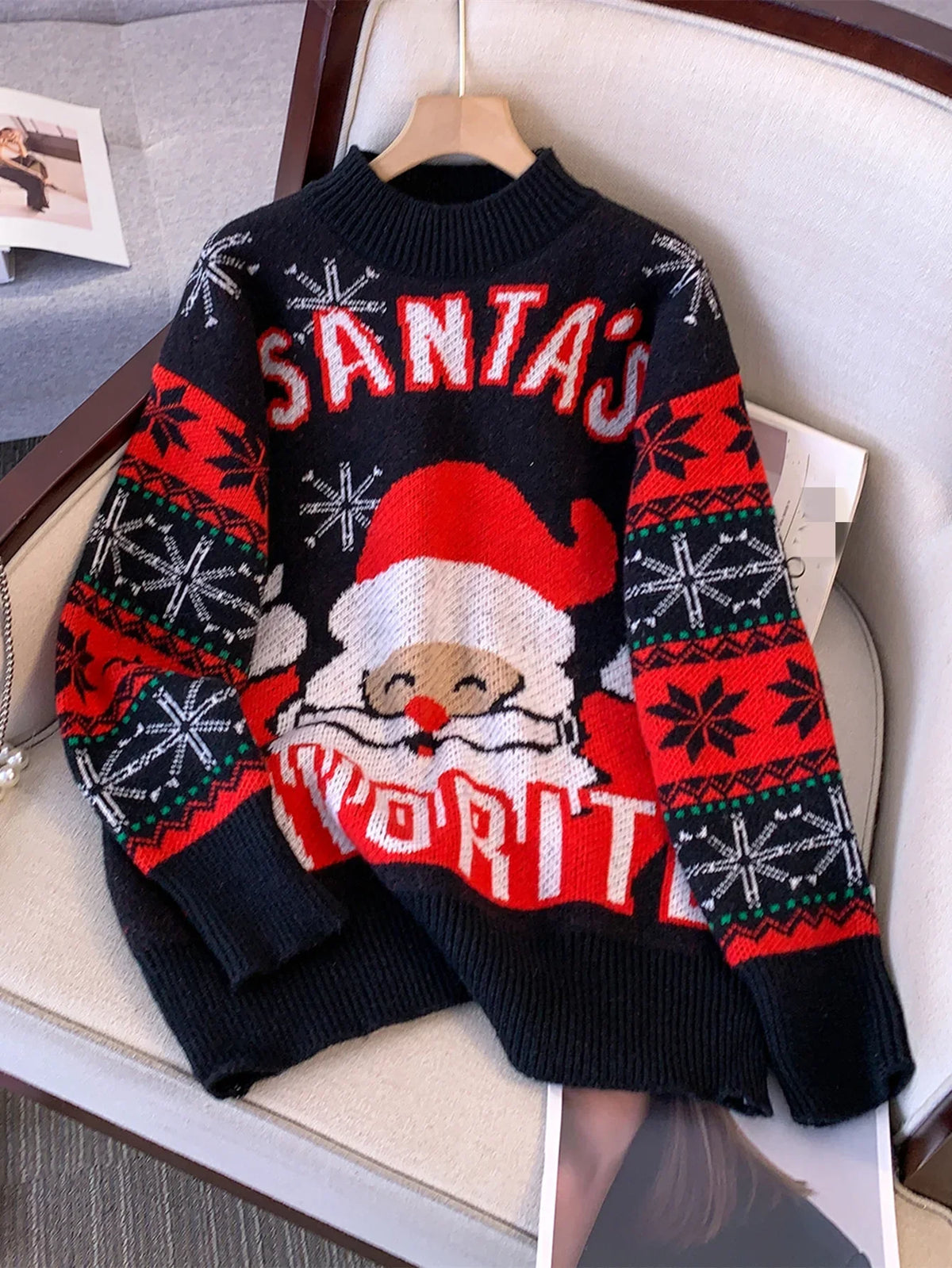Women's Black Sweater | Christmas Santa Crew Neck Long Sleeve Knit