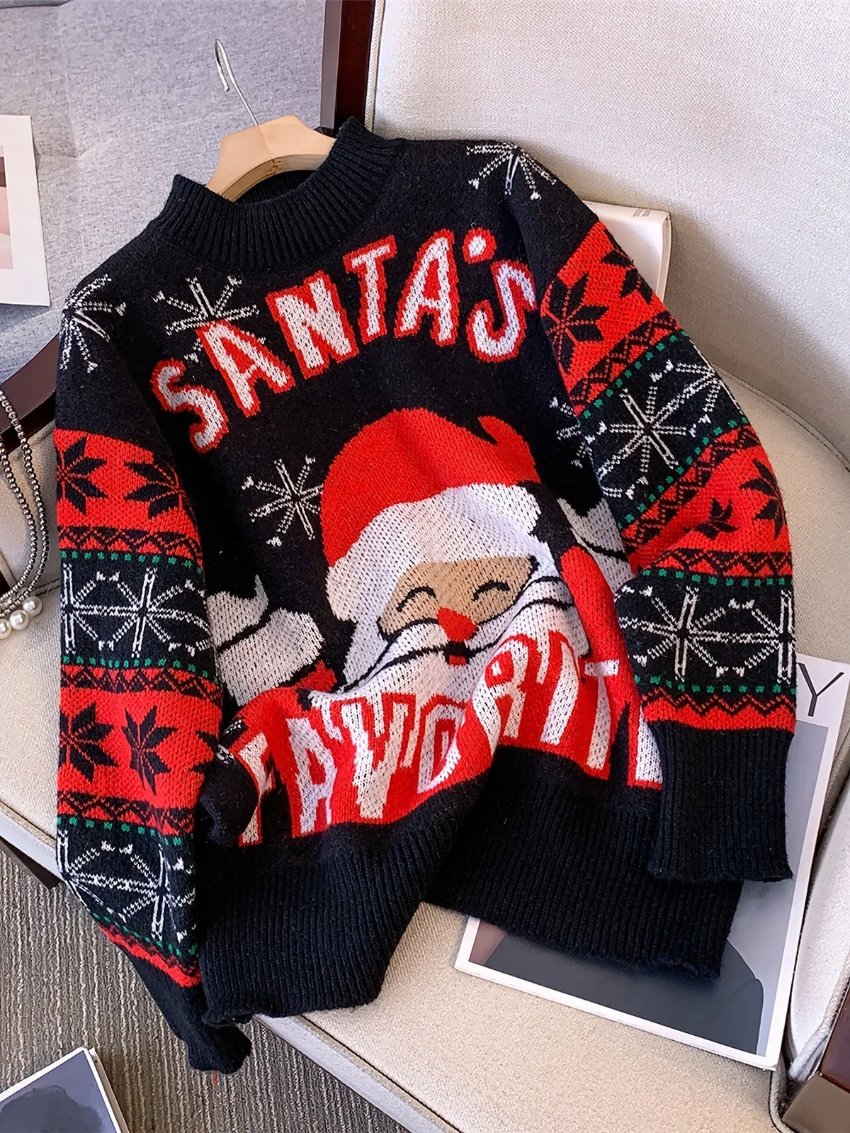 Women's Black Sweater | Christmas Santa Crew Neck Long Sleeve Knit
