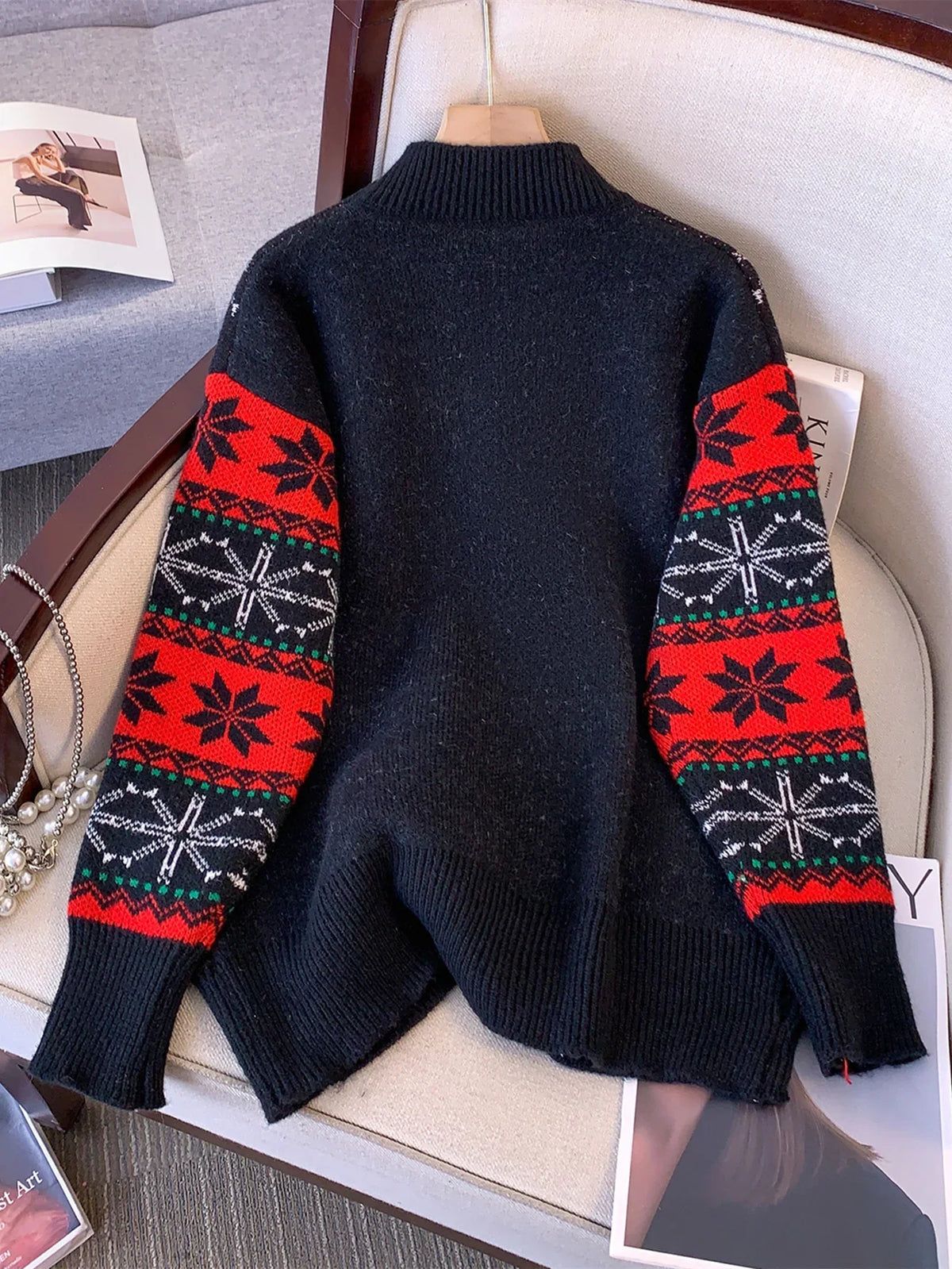 Women's Black Sweater | Christmas Santa Crew Neck Long Sleeve Knit