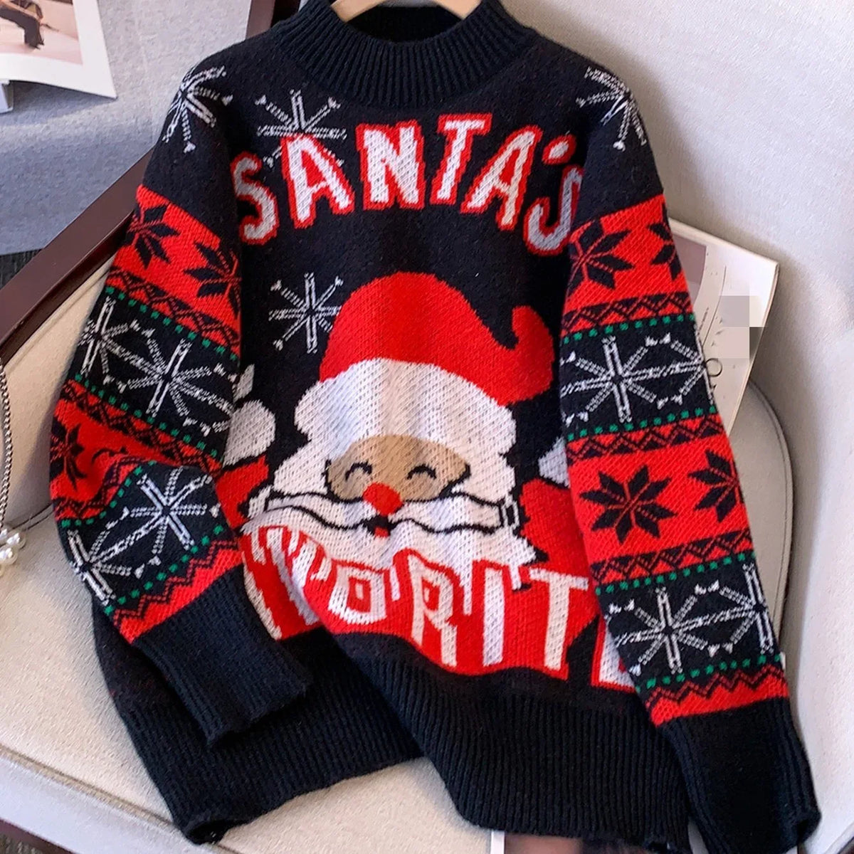 Women's Black Sweater | Christmas Santa Crew Neck Long Sleeve Knit