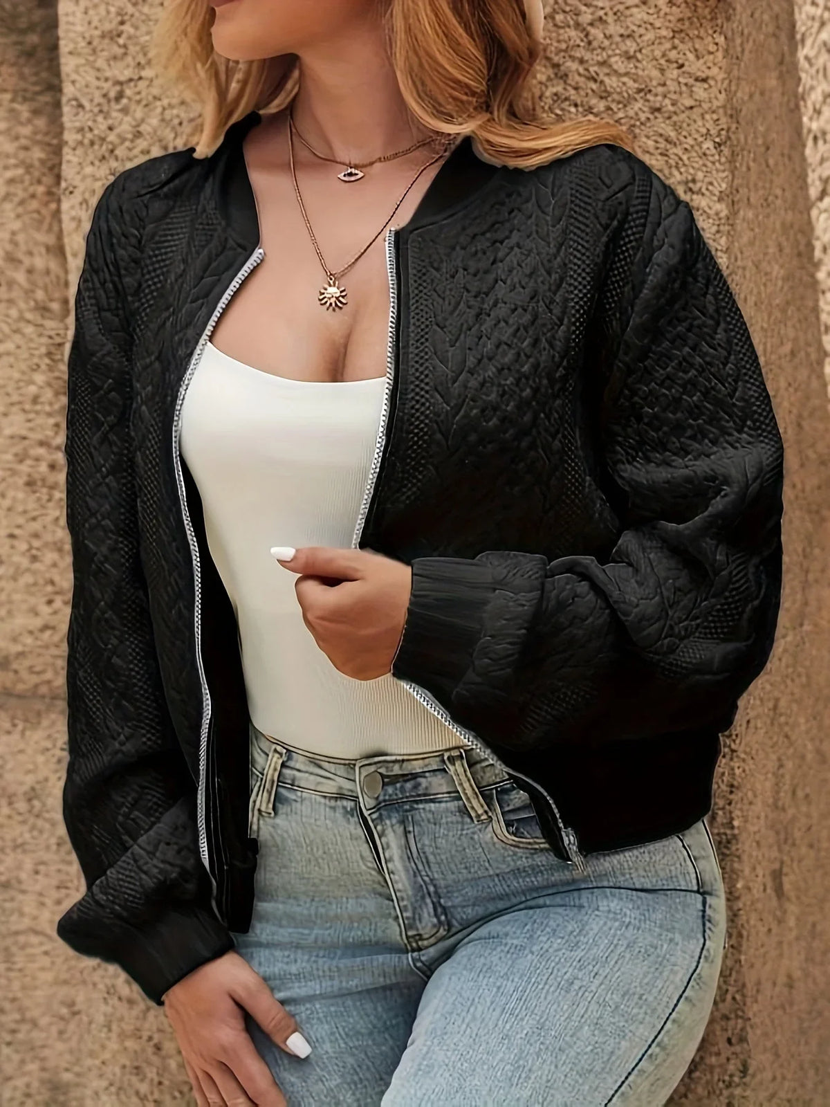 Women's Bomber Jacket | Quilted Jacquard Zip Front