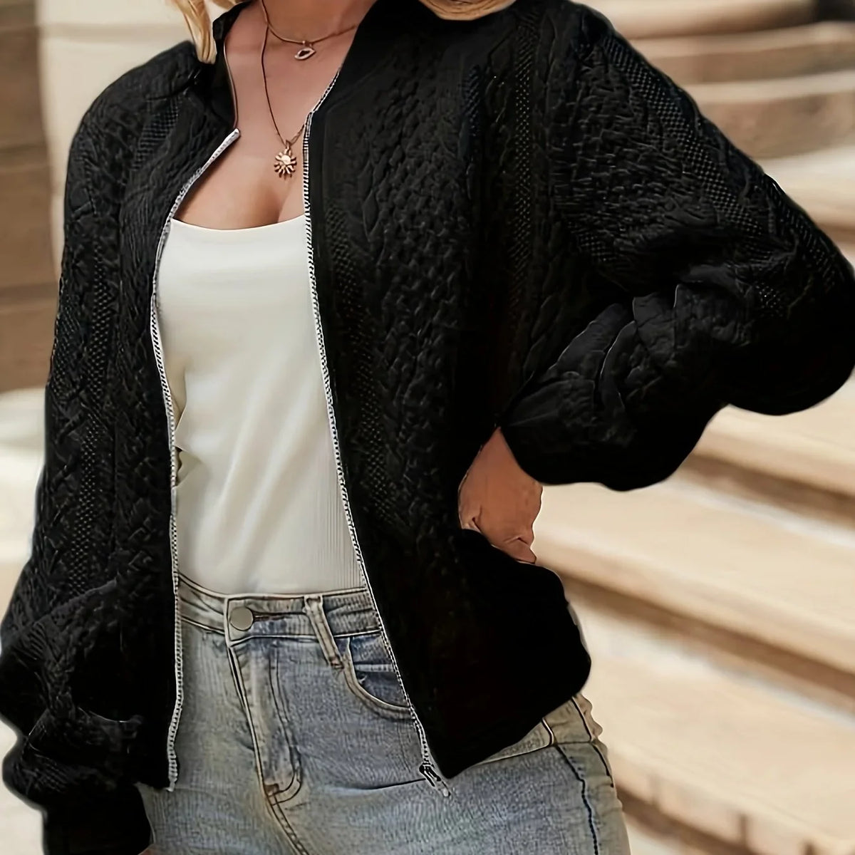 Women's Bomber Jacket | Quilted Jacquard Zip Front
