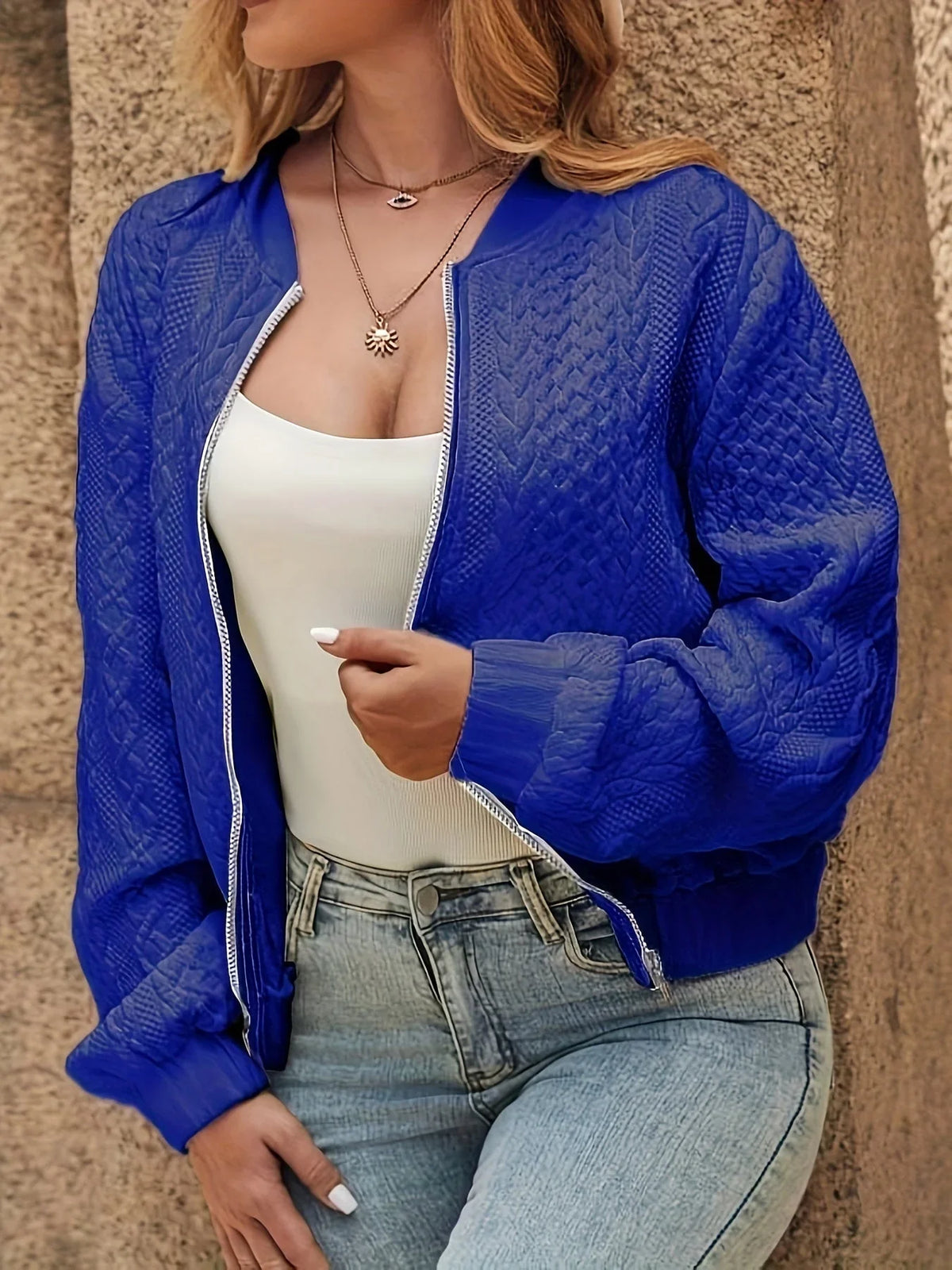 Women's Bomber Jacket | Quilted Jacquard Zip Front