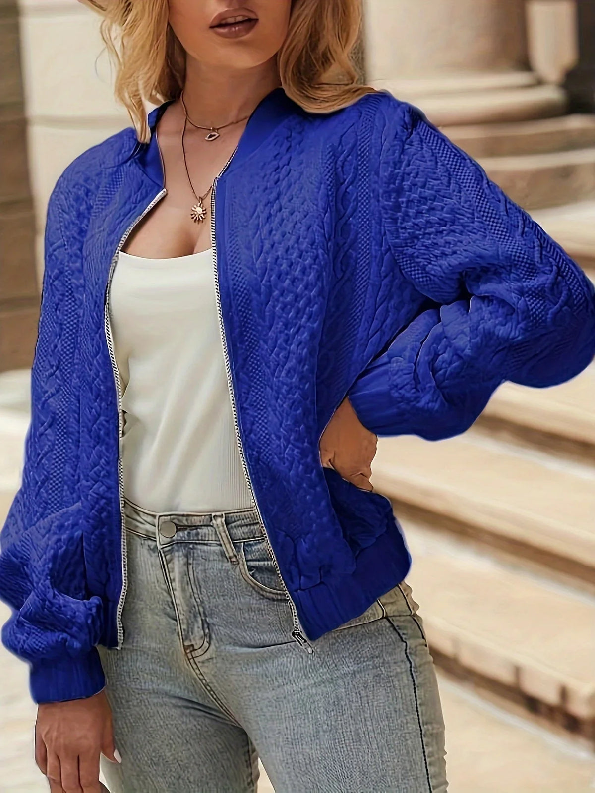 Women's Bomber Jacket | Quilted Jacquard Zip Front