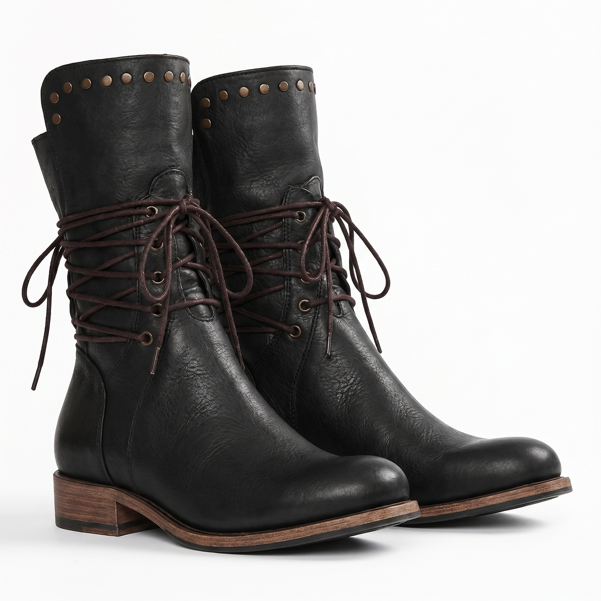 Women's Lace-Up Mid-Calf Boots, Studded Cuff, Block Heel