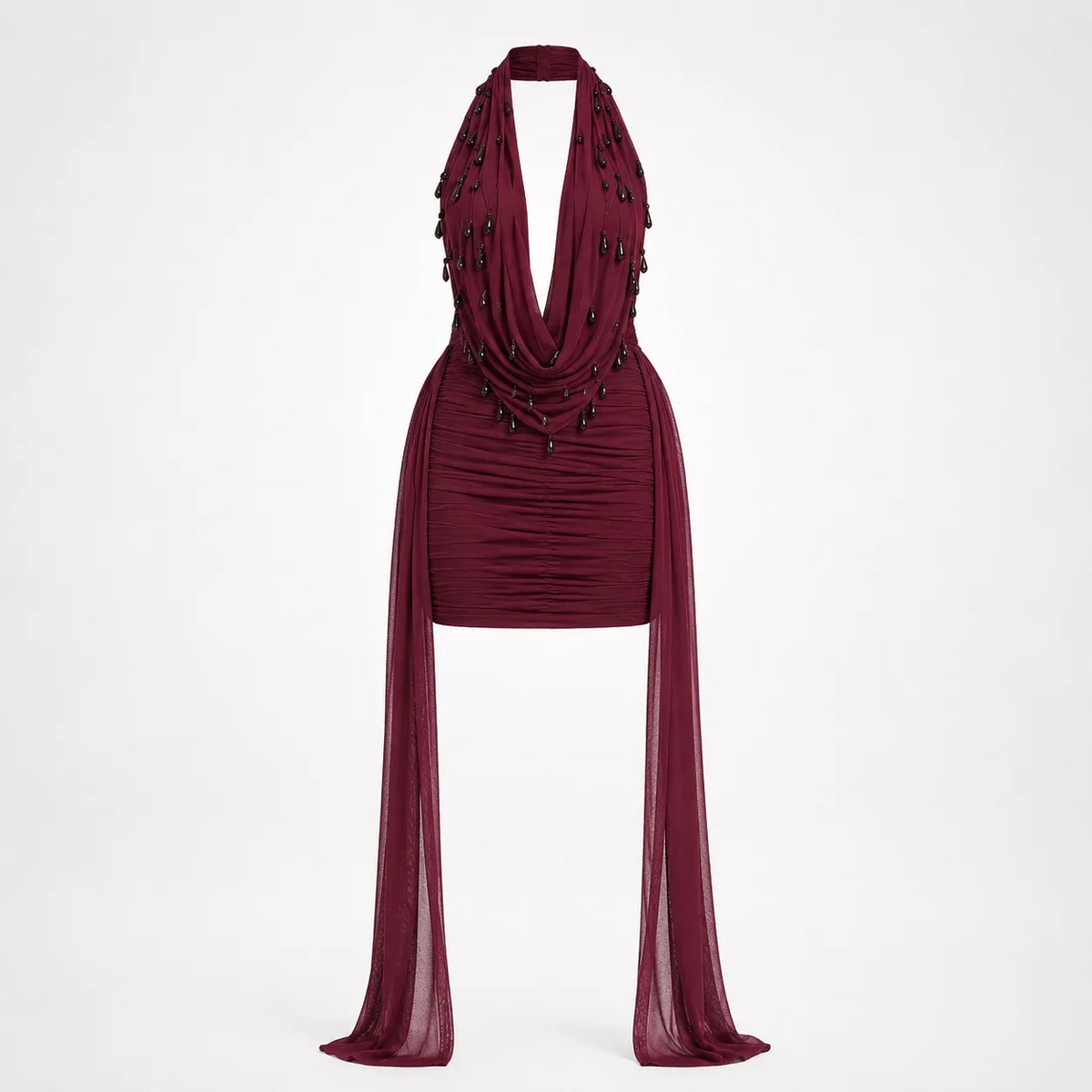 Women's Burgundy Dress | Mini Halter Neck Embellished Draped