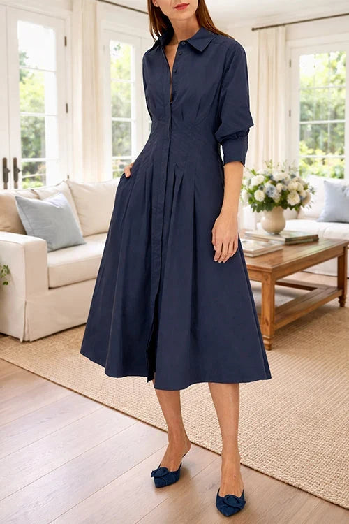 Women's Button Up Shirt Dress | Midi Navy Blue