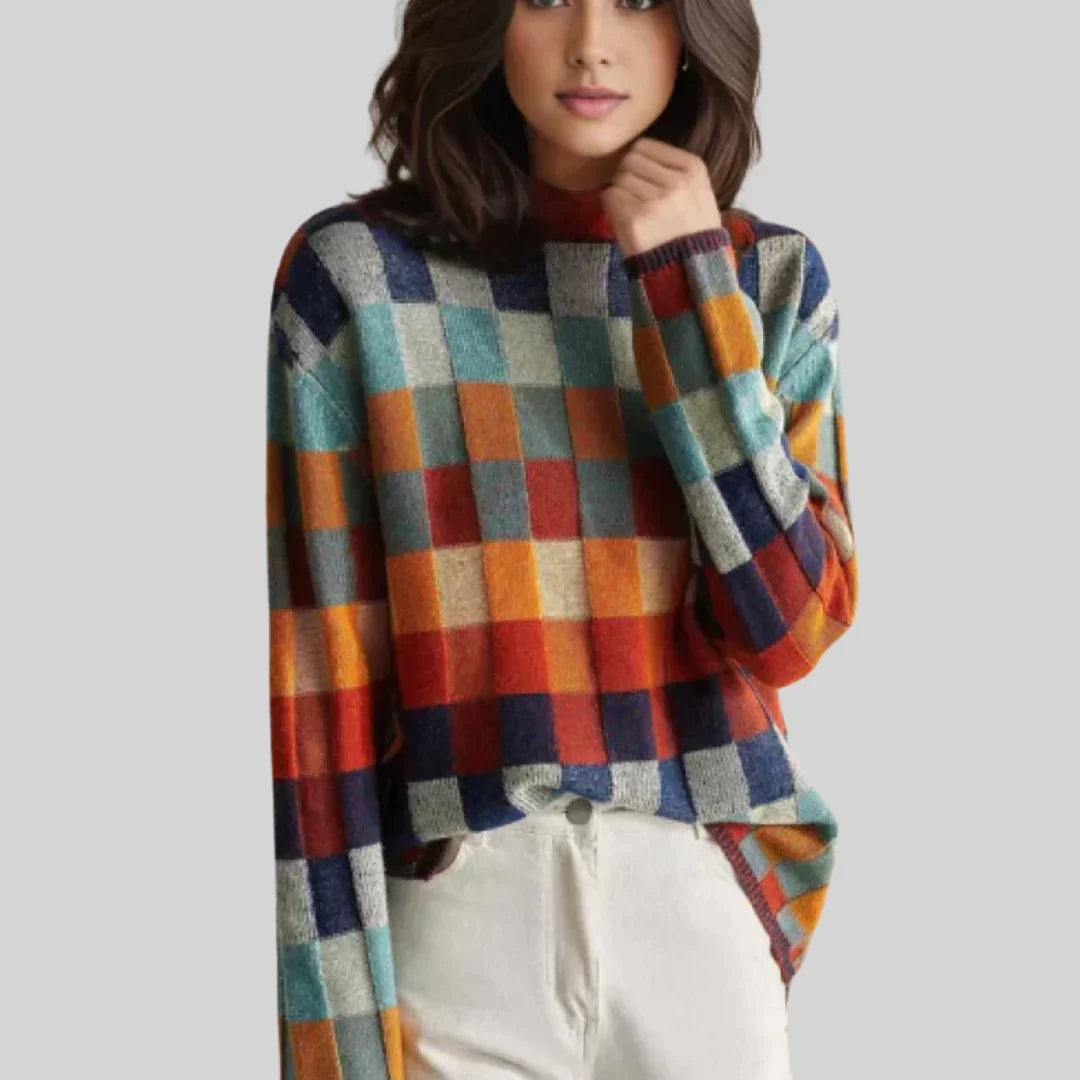 Patchwork Sweater - Turtleneck Colorful Knit Women's Sweater
