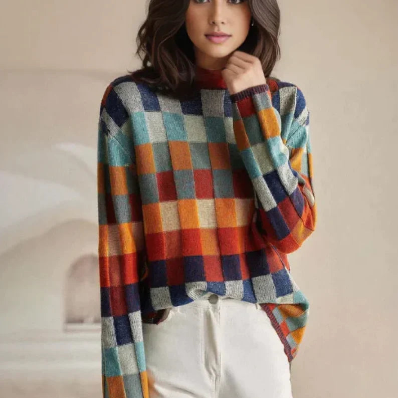 Patchwork Sweater - Turtleneck Colorful Knit Women's Sweater