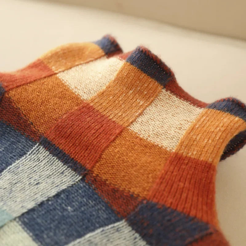 Patchwork Sweater - Turtleneck Colorful Knit Women's Sweater