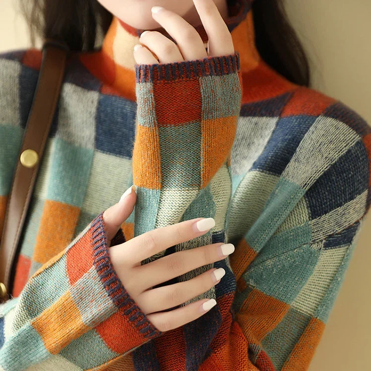 Patchwork Sweater - Turtleneck Colorful Knit Women's Sweater