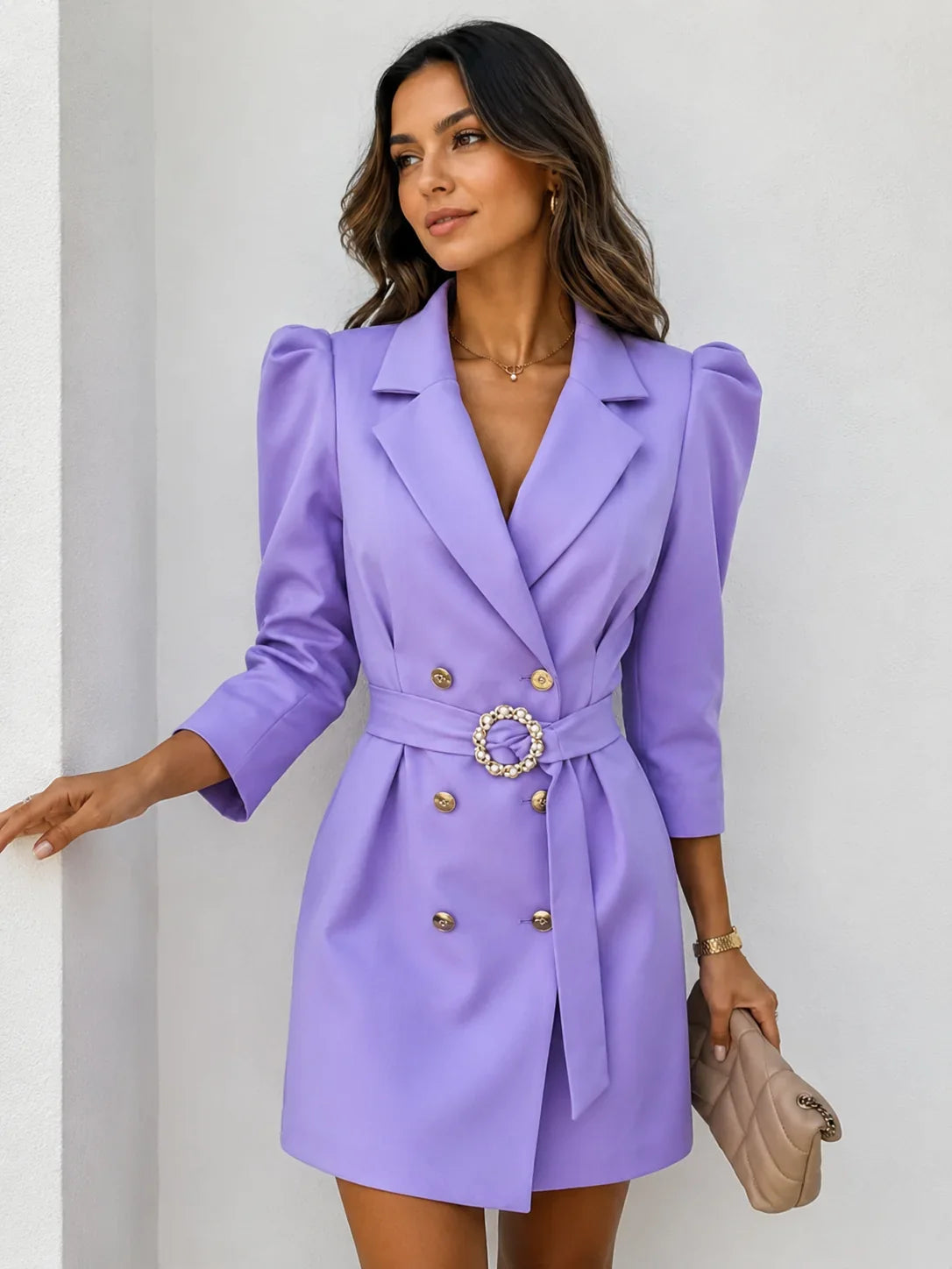Women's Cocktail Dress | Midi Blazer Puff Sleeve Belted