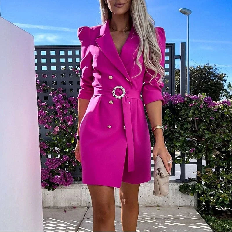 Women's Cocktail Dress | Midi Blazer Puff Sleeve Belted
