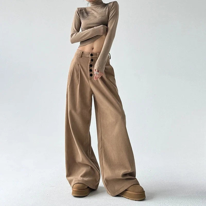 Women's Corduroy Pants | High Rise Wide Leg Pleated Button Front