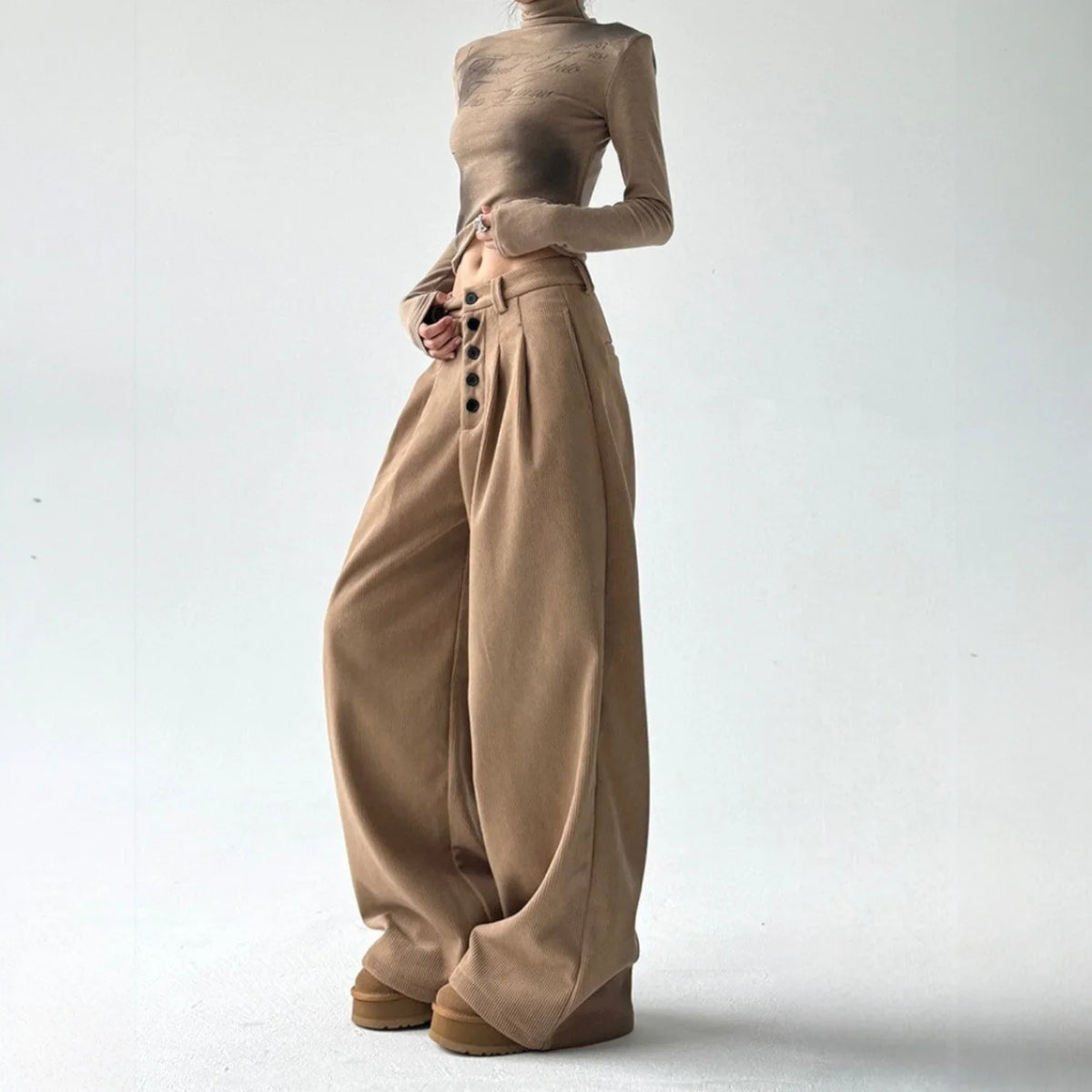 Women's Corduroy Pants | High Rise Wide Leg Pleated Button Front