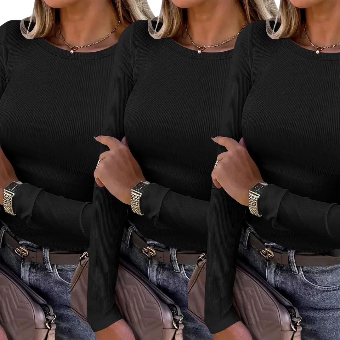 Ribbed Knit Top - Crewneck Long Sleeve Women's Top