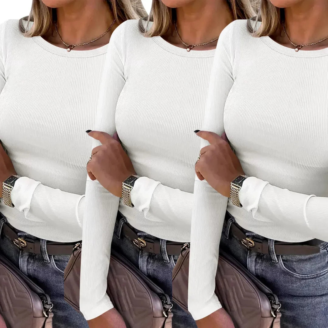 Ribbed Knit Top - Crewneck Long Sleeve Women's Top
