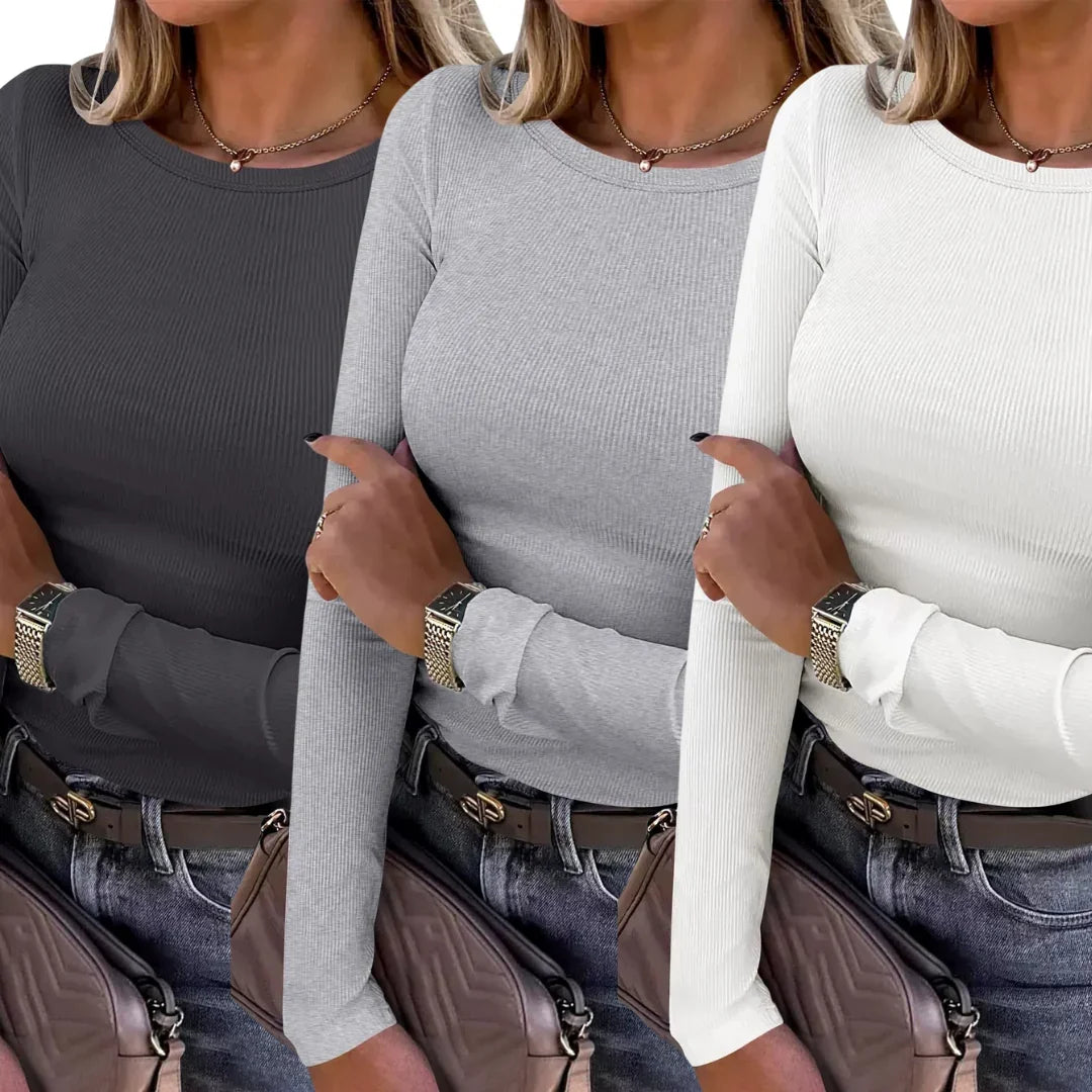 Ribbed Knit Top - Crewneck Long Sleeve Women's Top