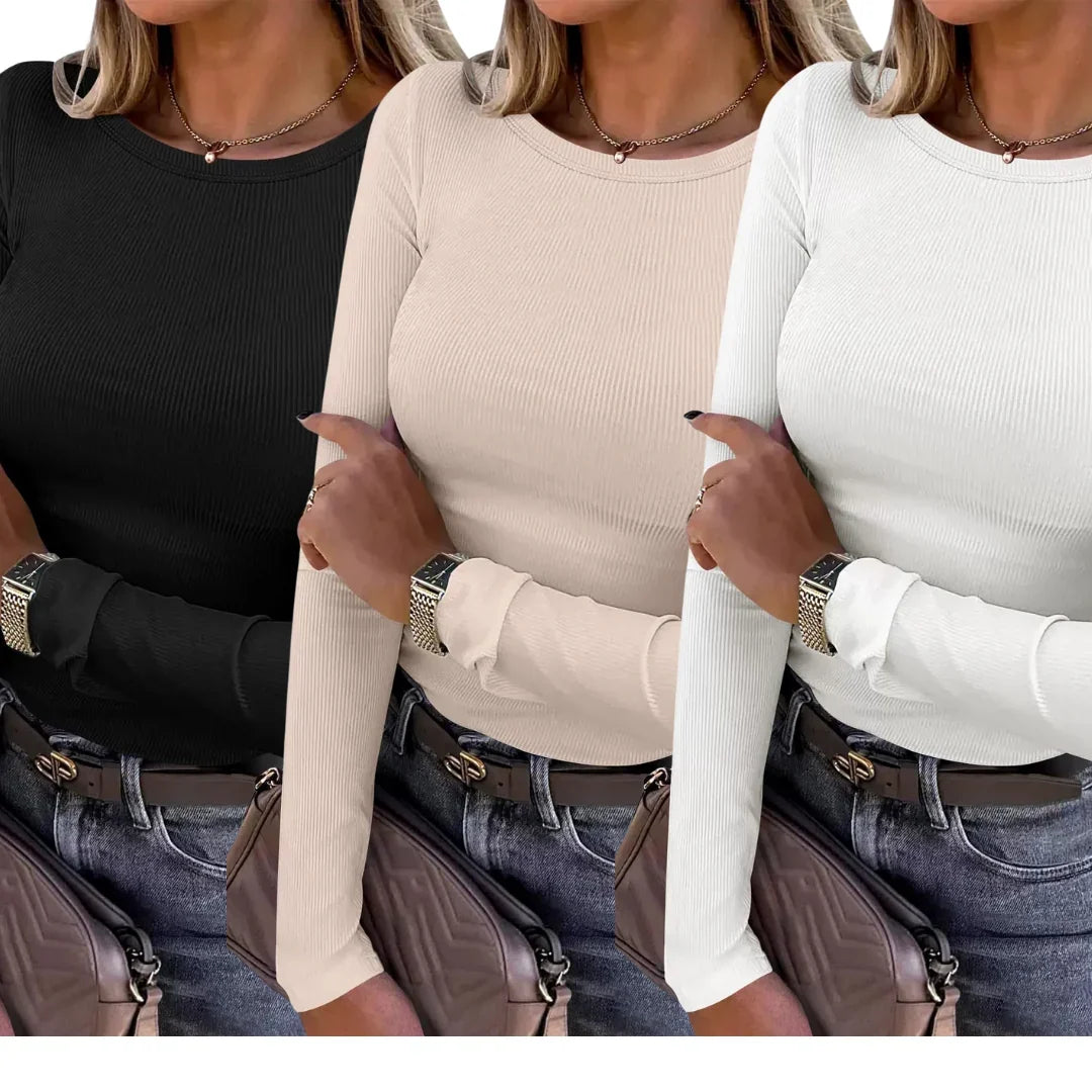 Ribbed Knit Top - Crewneck Long Sleeve Women's Top