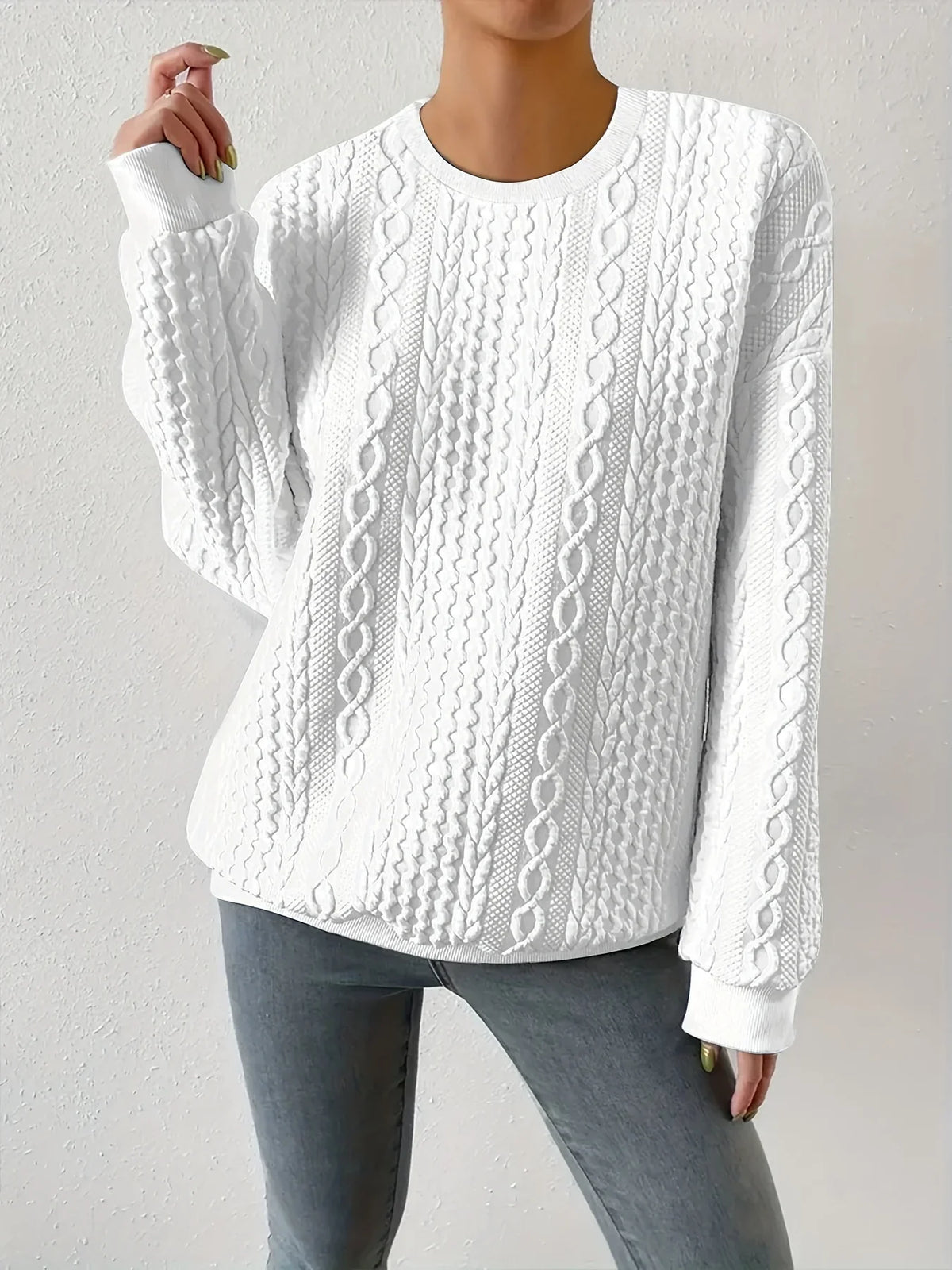 Women's Crewneck Sweatshirt | Textured Cable Knit Oversized