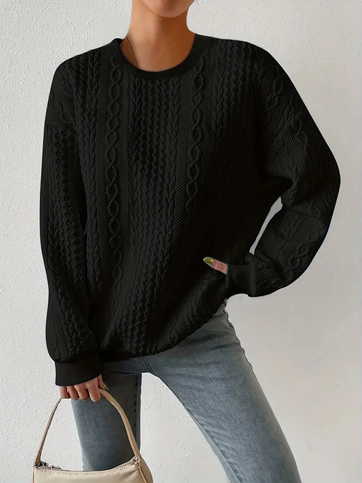 Women's Crewneck Sweatshirt | Textured Cable Knit Oversized
